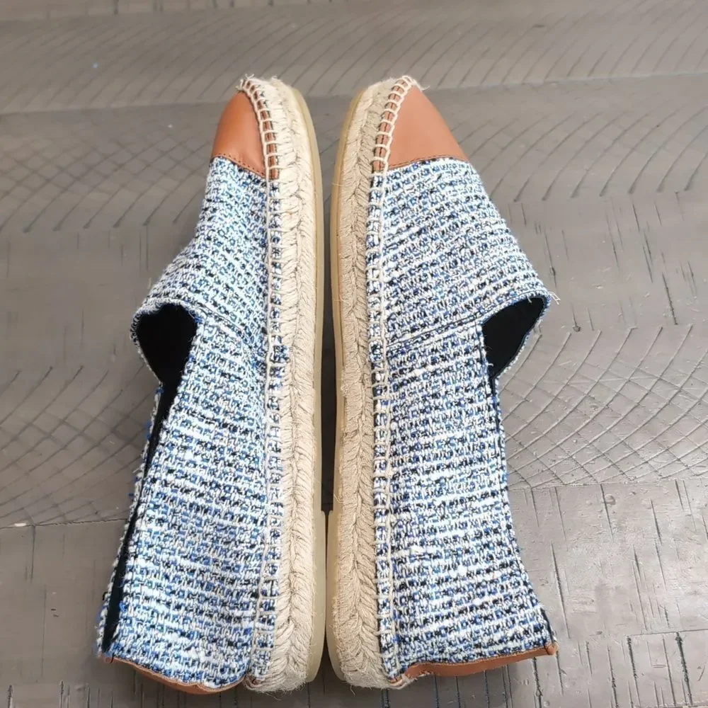 J. Mclaughlin Alexa Tweed and Leather Toe Espadrilles - Blue Cream Sz 9
